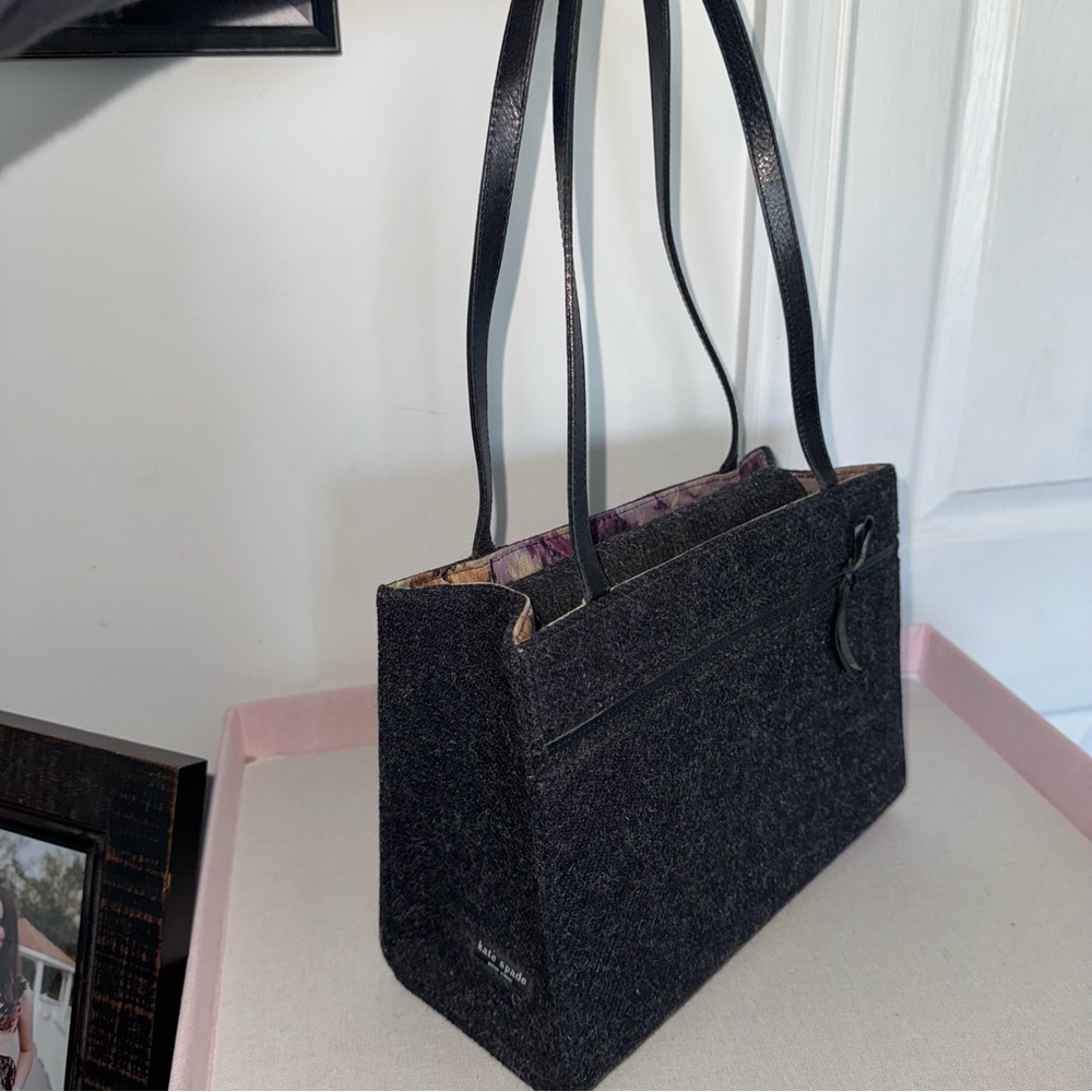 Kate Spade NYC Wool Tweed Felt Bag Heathered Charcoal Black Handbag Tote Shopper